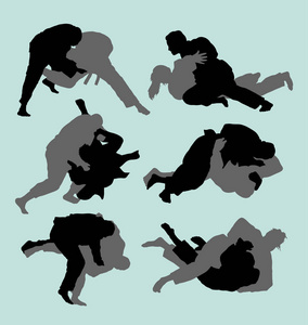 柔道搏击运动男女动作剪影.
