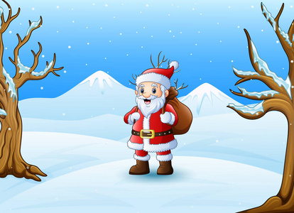 卡通圣诞老人站在雪地里拿着一袋礼物的矢量插图