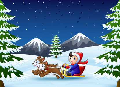 冬夜两只狗拉着雪橇上的快乐男孩矢量插图照片