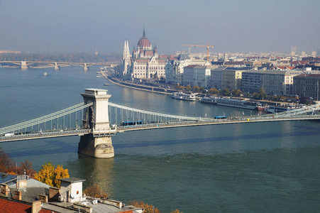布达佩斯全景。匈牙利议会大厦的景观。多瑙河。