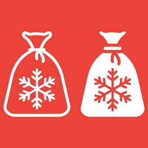 圣诞老人袋线和字形图标, 新年和圣诞节, 礼品符号矢量图形, 一个红色背景上的线性模式, eps 10