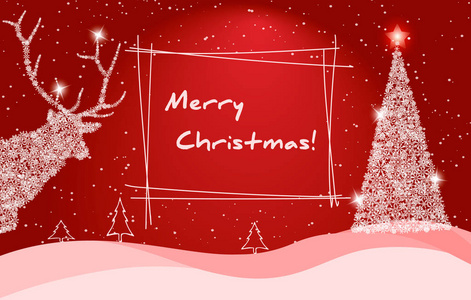 圣诞问候背景有红色的天空，雪和圣诞树和由雪花制成的圣诞鹿。矢量图