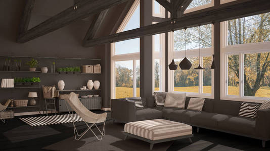 豪华生态房镶木地板和木屋顶的起居室
