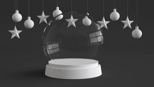玻璃穹顶，白色托盘在黑暗的背景上，挂着白色的球和星星装饰。 新年或圣诞节主题。 三维渲染。