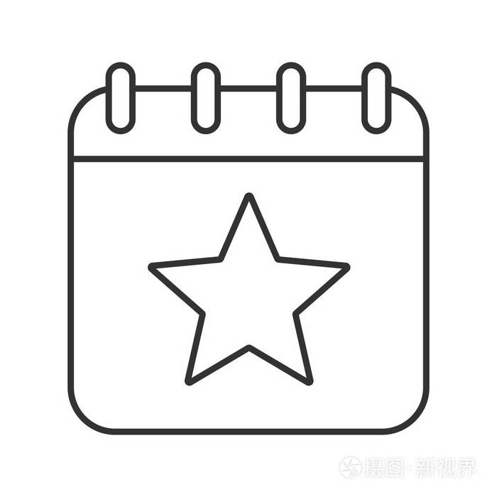 插画 日历页与星标线性图标. 细线插图. 特别的一天. 轮廓符号.