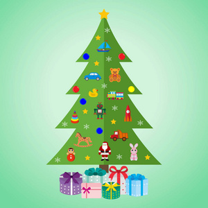 圣诞树上有绿色背景的玩具和礼物