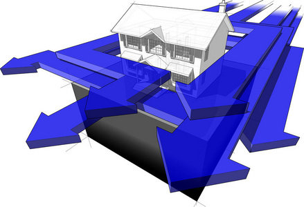 一座经典的殖民地房子的图表和许多箭头在一个抽象的商业图表中在房子周围飞驰