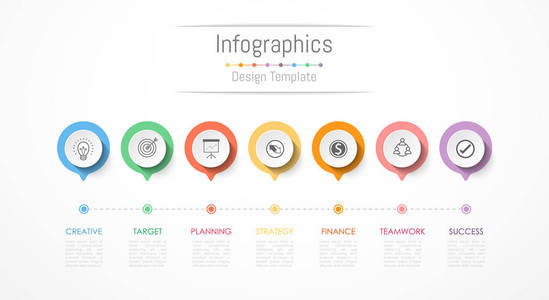 您的业务数据与 7 选项 零件 步骤 时间线或过程的信息图表设计元素。矢量图