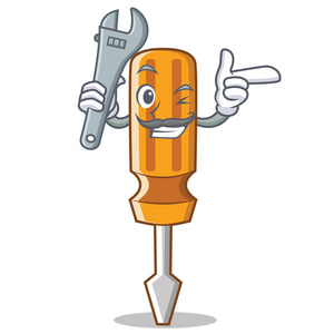 紧固件螺丝钉和发疯的可爱的机械卡通握着螺丝刀和给予竖起大拇指木工