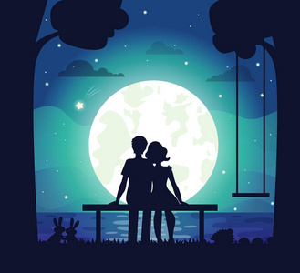 星空中的满月月光下的情侣.我的天文工作.令人惊叹的爱情场面.