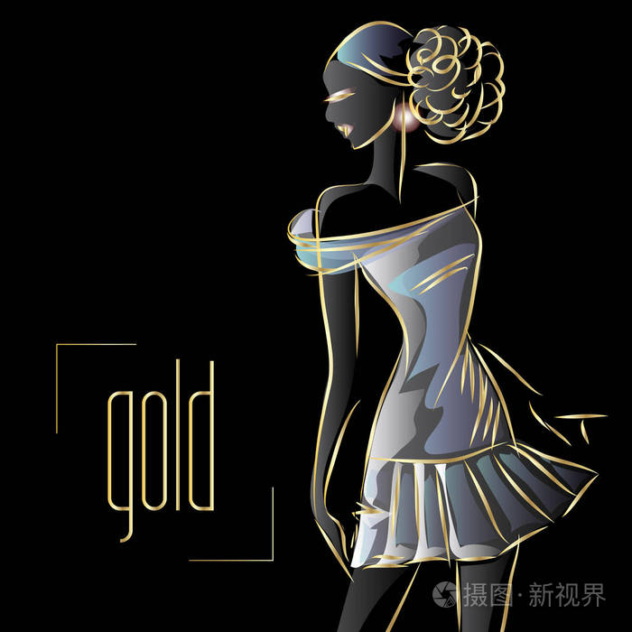 金色霓虹时尚女人剪影, 美丽的时尚模特黑色背景标志矢量插画