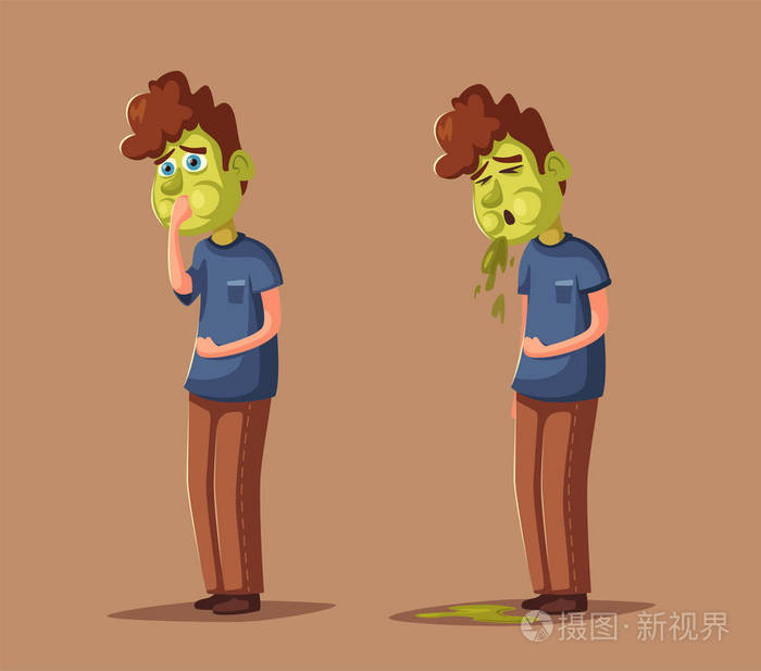 不快乐的人因食物中毒而呕吐.卡通矢量插图