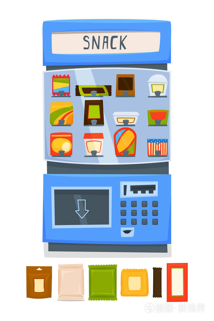 售卖零食的自动售货机一套零食包矢量插图
