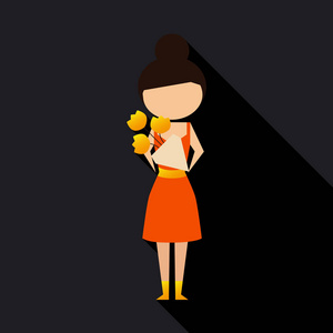 矢量插图卡通母亲与礼物。孤立的白色背景。平面设计。带花的女人3月8日