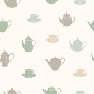 矢量插图。茶壶和茶杯的无缝花纹。纸张背景。面料印花