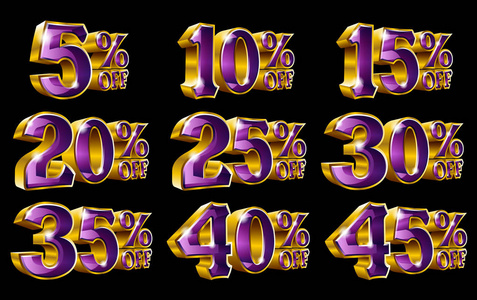 百分比折扣黄金3d 像矢量插图孤立的黑色背景