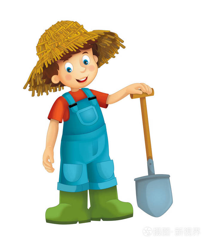 卡通农场男孩与农业工具插图儿童