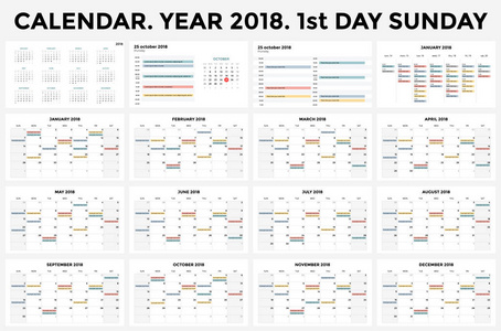 日历信息, 表图表, 演示图表。经营周期概念。任务管理器。日周月。2018年。时间管理。组织者日期日记