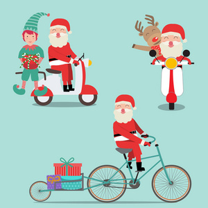 圣诞快乐圣诞老人精灵和驯鹿骑自行车和