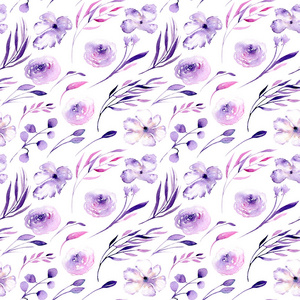 水彩紫玫瑰杜鹃花花枝无缝图案手绘白底花印