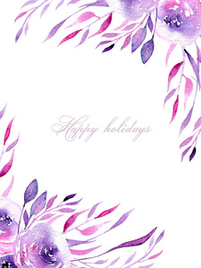 带有水彩紫色和粉色玫瑰的花艺设计卡，以及在白色背景上手工绘制的结婚生日贺卡和其他贺卡