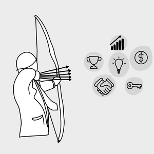 商人作为弓箭手使用五箭头瞄准业务图标矢量插图手绘草图手绘制黑色线