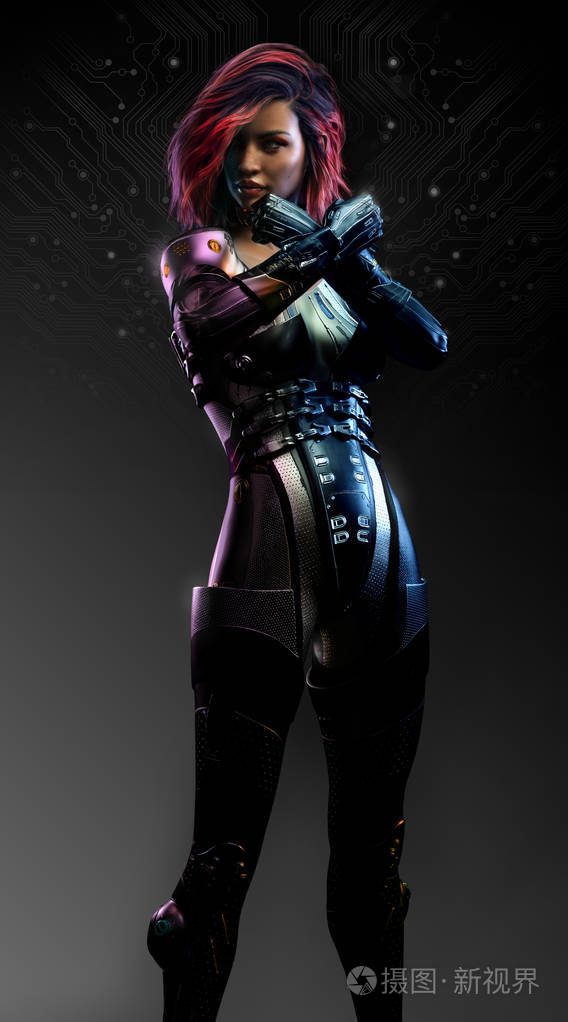 性感科幻刺客女人黑色皮革战斗姿势