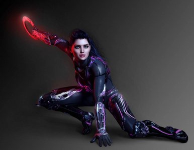 科幻刺客女人黑色皮革与网络戒指武器