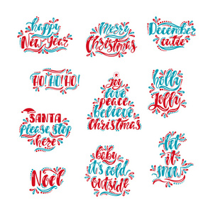 圣诞快乐, 新年的版式设计。手绘书法文本。红色和蓝色的圣诞贺卡。矢量插图 Eps10