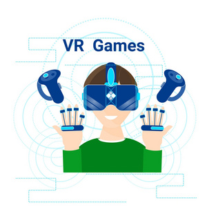 Vr 游戏横幅男子佩戴虚拟现实耳机现代游戏技术理念