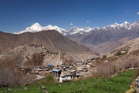 尼泊尔野马 Jarkot 村尼泊尔老藏族村在布尔纳赛道徒步旅行