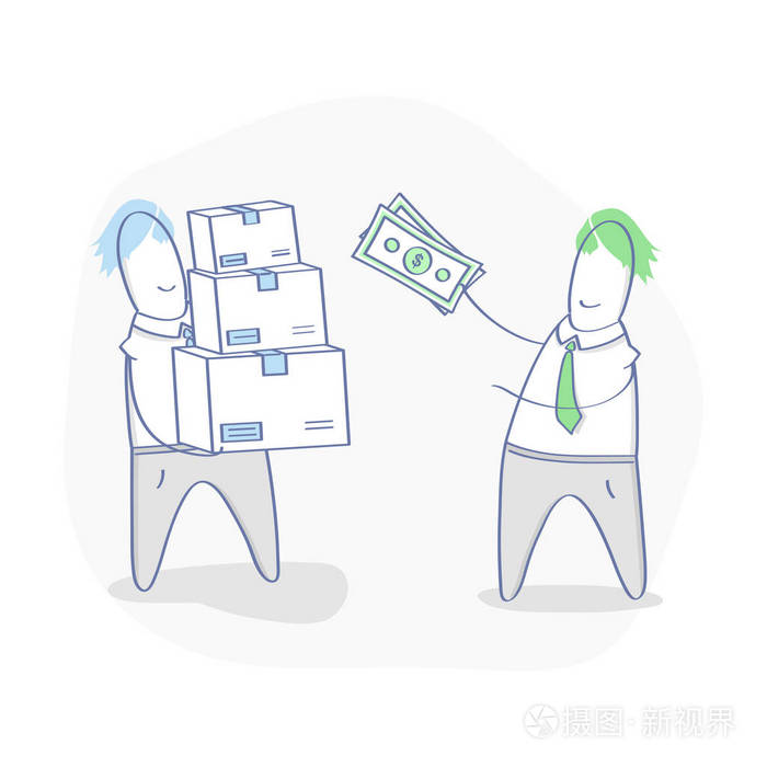 两个可爱的卡通人物手里拿着现金和盒子里的钱.