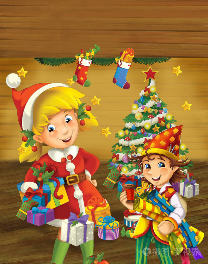 卡通场景，圣诞女孩和精灵站在装饰圣诞树附近，为孩子们提供彩色插图