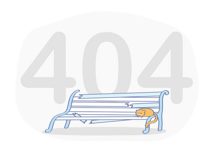 404图标，页面未找到，404错误页面概念..空破板凳配可爱猫和铭文404..平面轮廓矢量插图，优质卡通符号概念。