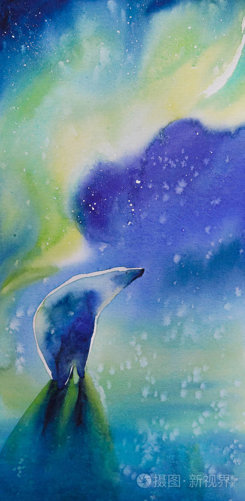 以北极光为背景的北极熊的水彩画.