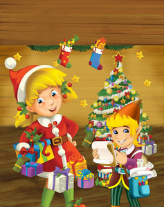 卡通场景，圣诞女孩和精灵站在装饰圣诞树附近，为孩子们提供彩色插图