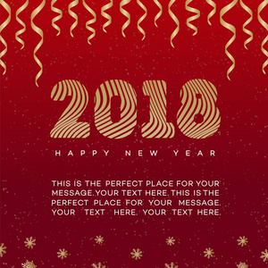圣诞贺卡带丝带和标志2018新年快乐黄金风格在红色背景的传单