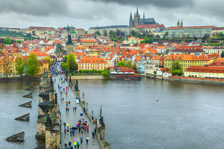 中世纪石查尔斯桥梁在河, 布拉格, 捷克共和国