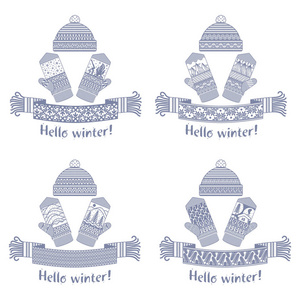 温暖的针织冬季围巾和手套与铭文你好冬季。 矢量平面插图。 网络横幅广告小册子，商业模板。 孤立在白色背景上。