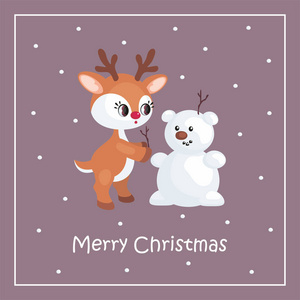 圣诞贺卡与小可爱鹿的形象。 矢量图。
