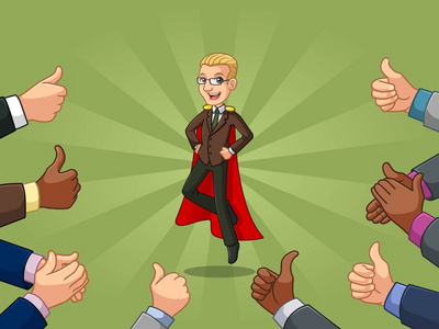金发超级英雄商人穿着棕色西装，卡通人物设计，竖起大拇指，在绿色背景下拍手。