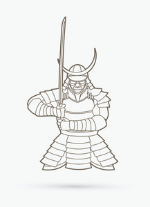 武士站在正面视图准备战斗轮廓图形矢量.照片