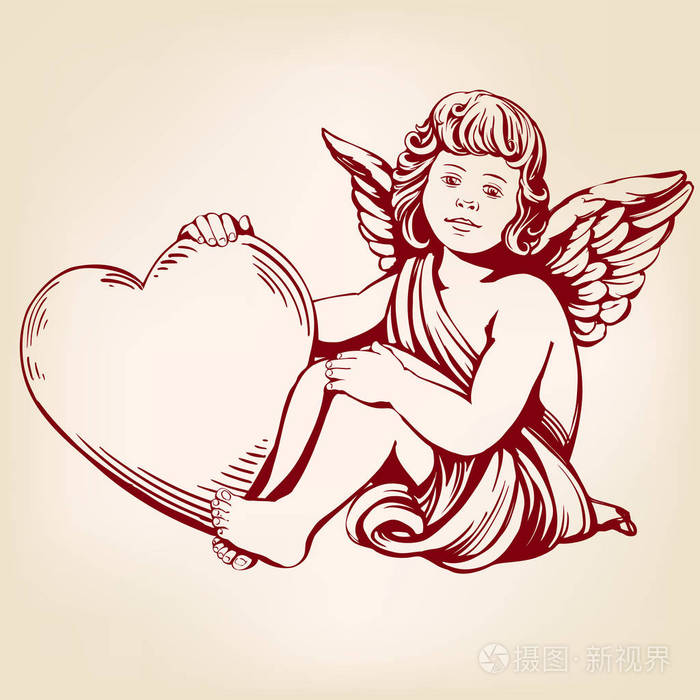 天使或丘比特, 小宝贝抱着一颗心, 情人节, 爱, 贺卡手绘矢量插画写实