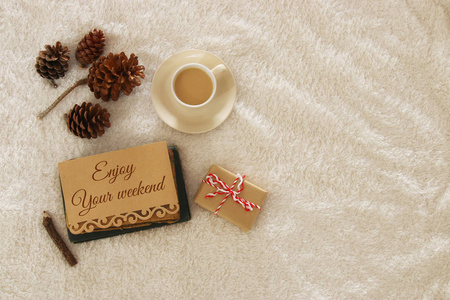 备注 享受你的周末和杯卡布奇诺的舒适和温暖的毛皮地毯。顶部视图