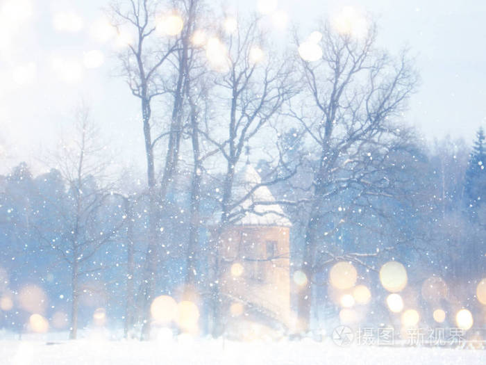 模糊和抽象的神奇冬季景观照片。闪光叠加