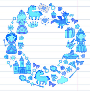一套涂鸦公主和幻想图标和设计元素的邀请和贺卡。孩子们画画幼稚园学前教育学校模式