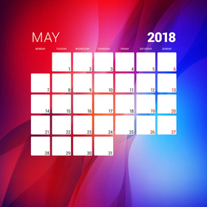 2018年5月。具有抽象背景的日历规划器设计模板。本周开始于星期一