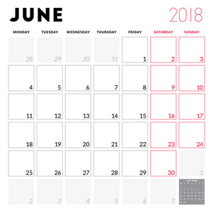 日历计划2018年6月。星期从星期一开始。可打印矢量设计模板。文具设计