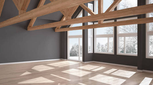 豪华生态屋壁板地板和木制屋顶桁架的空房冬季草地全景窗现代白色和灰色建筑室内设计