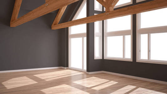 豪华生态住宅壁板地板和木制屋顶桁架全景大窗户现代白色和灰色建筑室内设计的空房